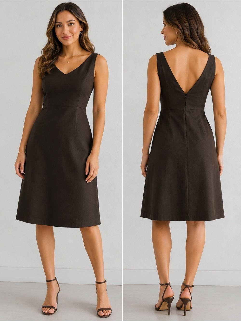 J. Crew Chocolate Brown V-Neck Midi A-Line Dress 100% Cotton